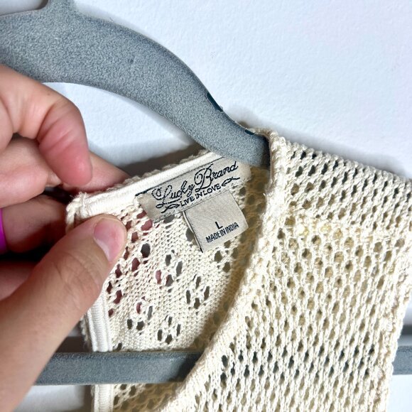 Lucky Brand Crochet Detail Floral Asymmetrical Hem Midi Dress Boho Prairie Sz L - Picture 3 of 6